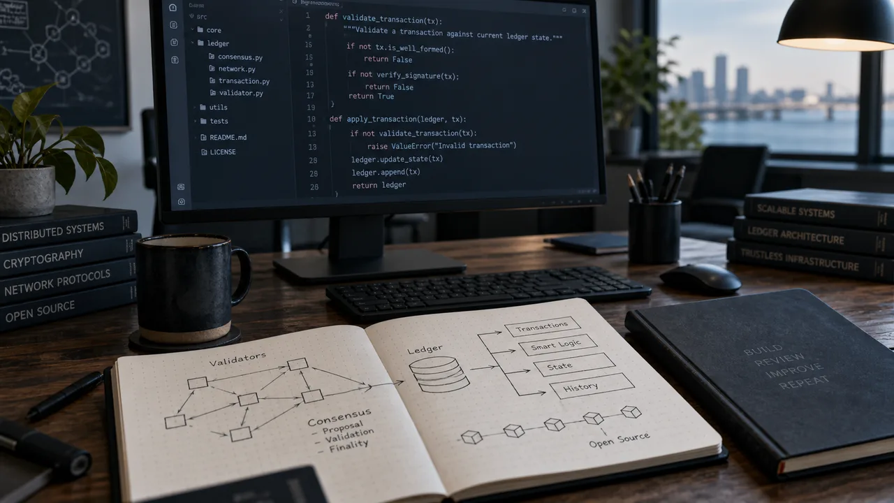 Empty developer workspace with code and ledger architecture notes, an illustration of software engineering.