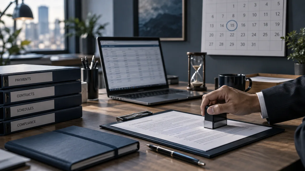 Business contract and payment approval documents illustrating time-locked escrow.
