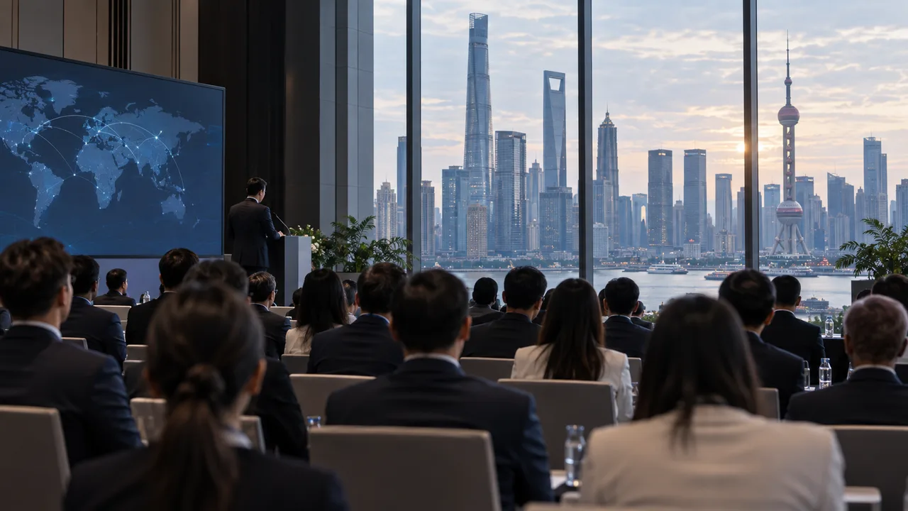 Business conference attendees seen from behind with a Chinese city skyline, illustrating regional industry connections.