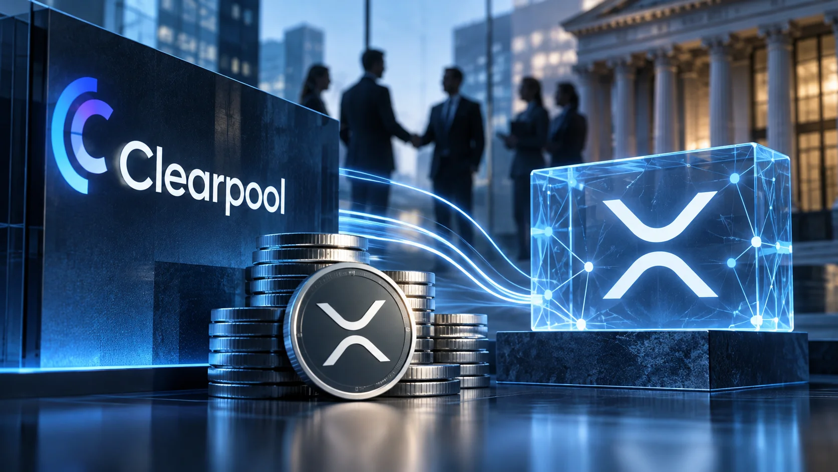 Clearpool institutional lending connecting with the XRP Ledger, illustrated with Clearpool branding, XRP symbols and institutional finance infrastructure.