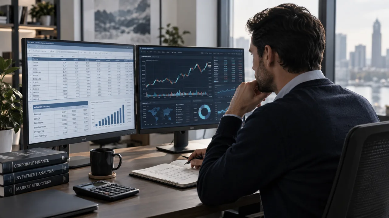 Financial analyst comparing equity valuation and digital-asset market data.