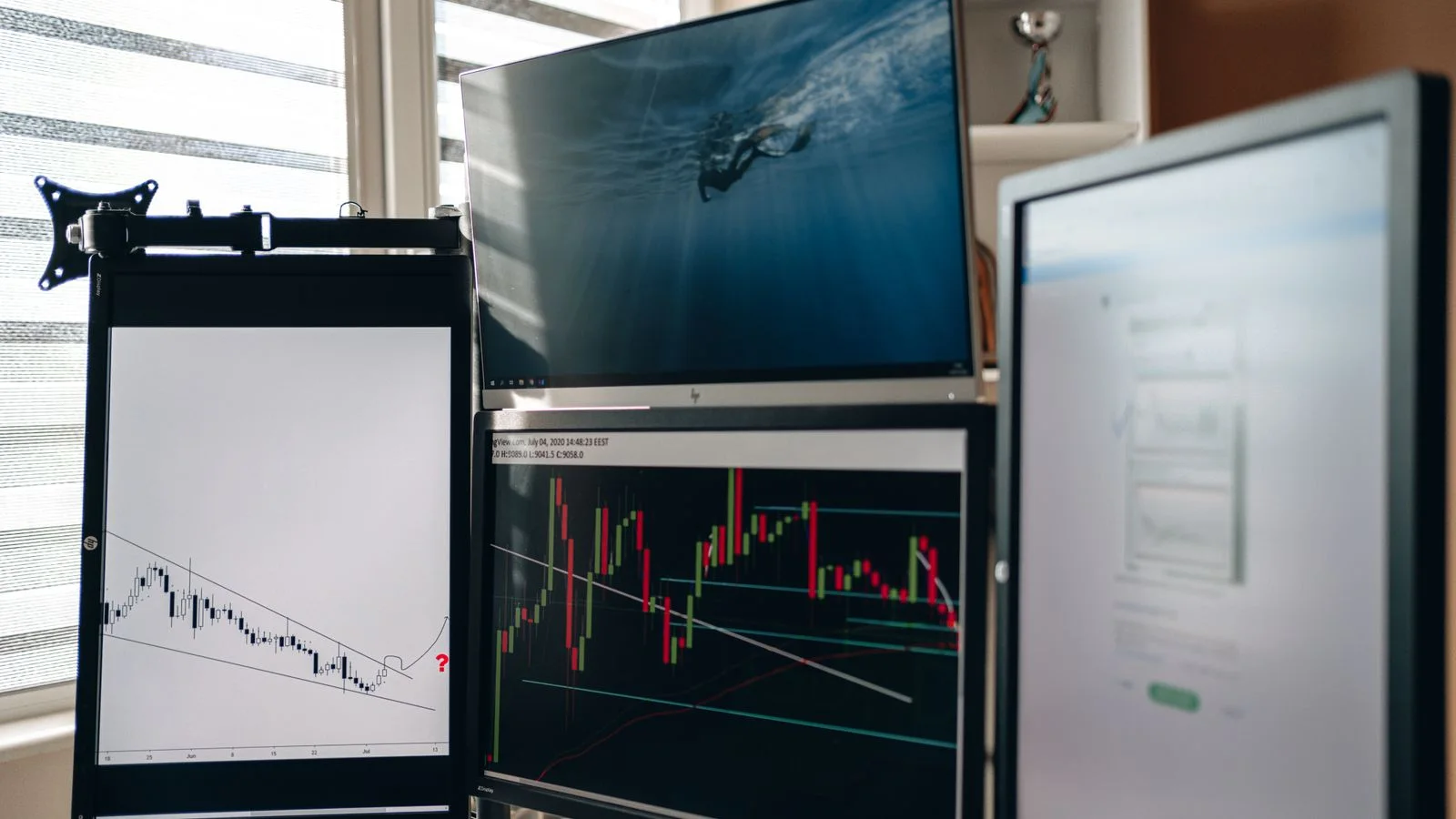 Multiple computer monitors displaying market charts, illustrating the need to interpret trading metrics carefully.