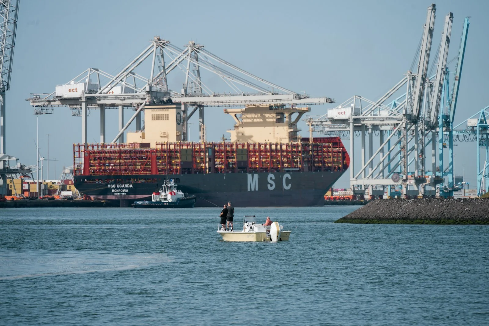 Container ship and cranes at Rotterdam; illustrative global-trade photograph, not evidence of BRICS or XRP payment adoption.
