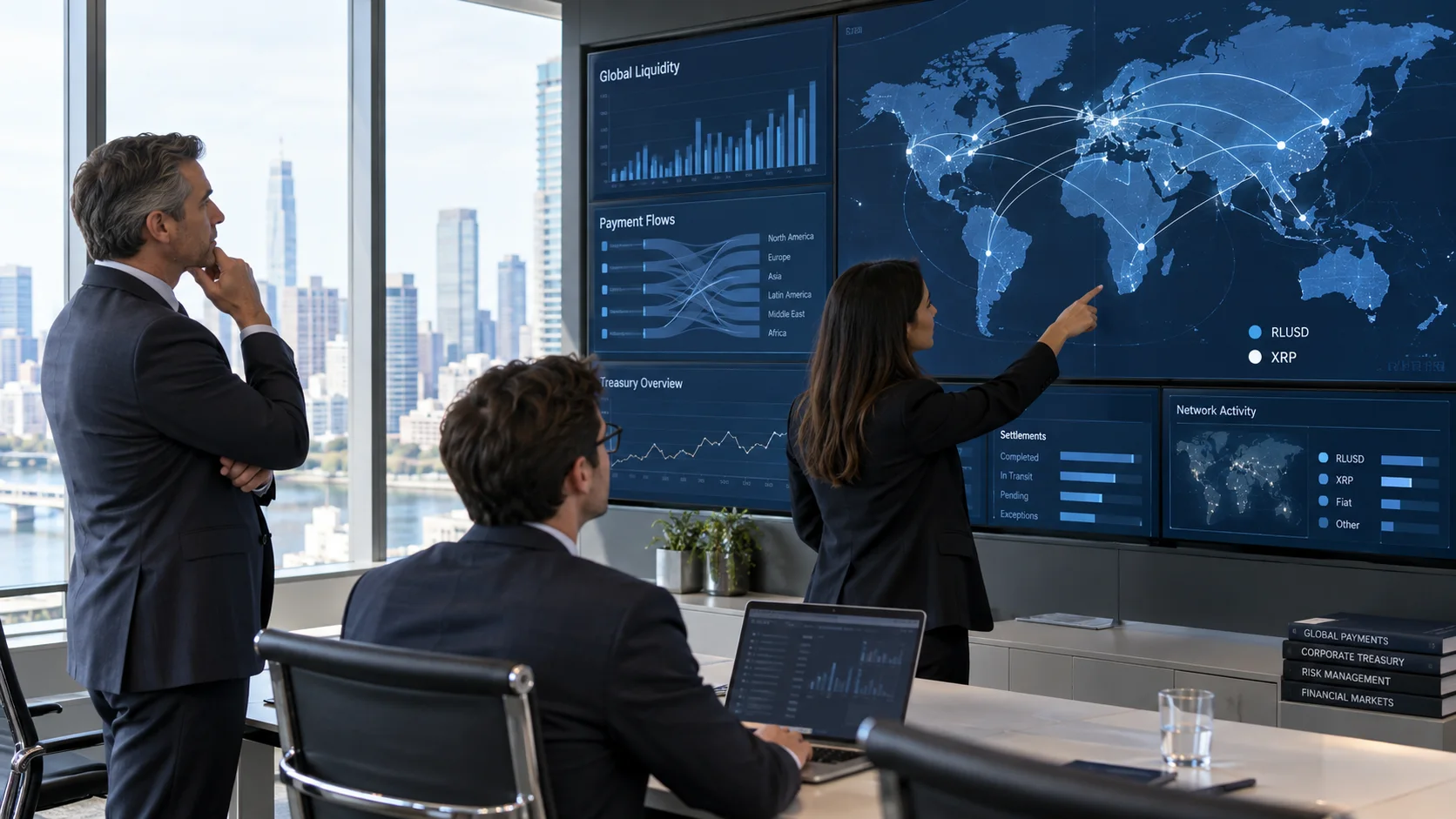 Corporate treasury team reviewing global payment flows and RLUSD and XRP liquidity dashboards