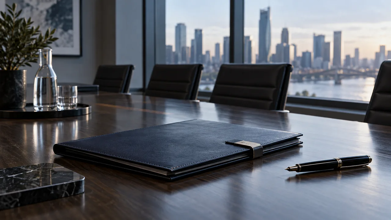 Confidential agreement folder in a corporate meeting room, representing NDAs.