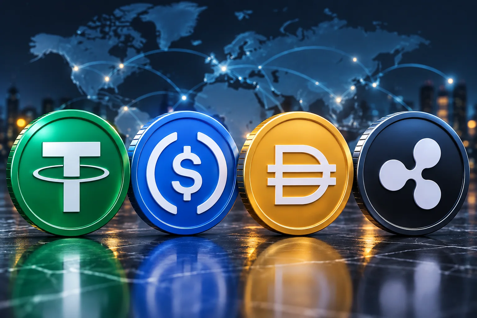 Four stablecoin symbols representing USDT (Tether), USDC (USD Coin), DAI and Ripple USD (RLUSD) displayed against a global digital payments network background.