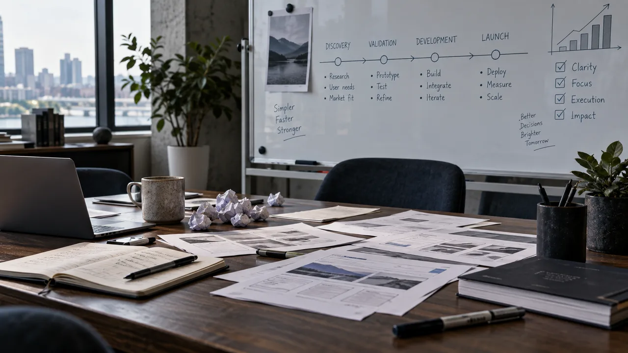 Product strategy meeting illustrating business experiments and strategic pivots.