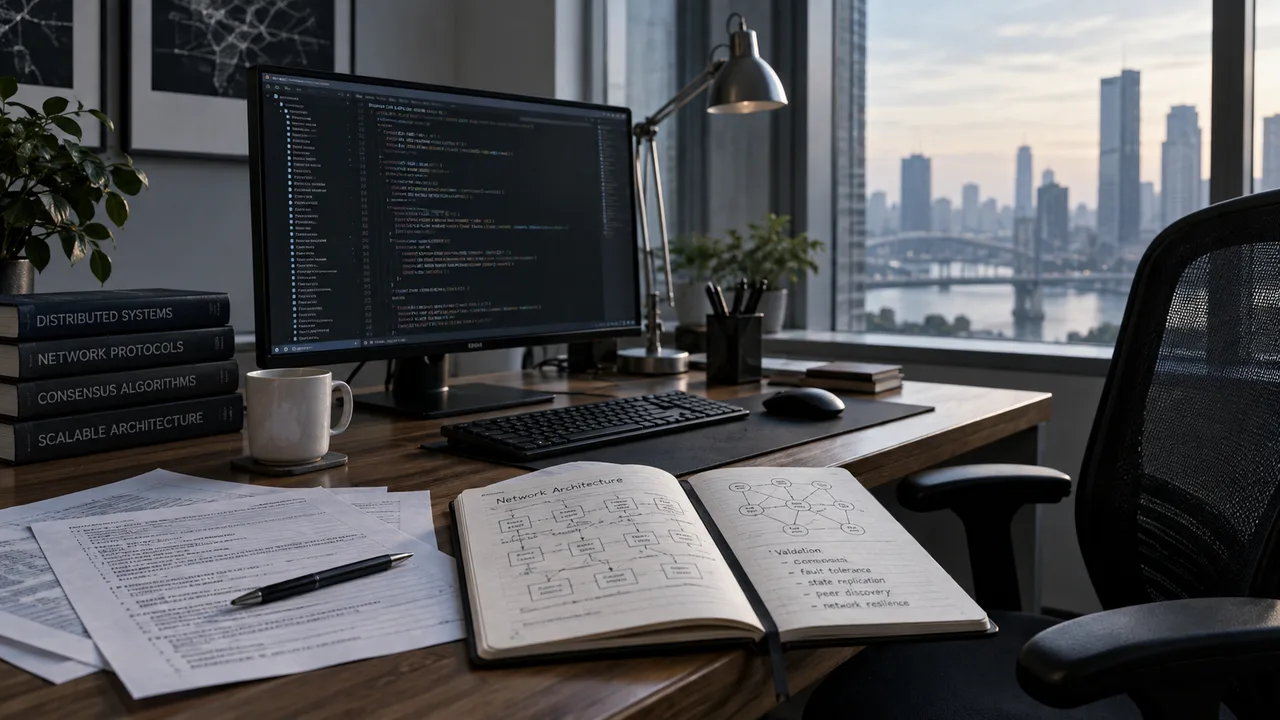 Empty software developer desk representing the low-profile XRPL co-creator Arthur Britto.