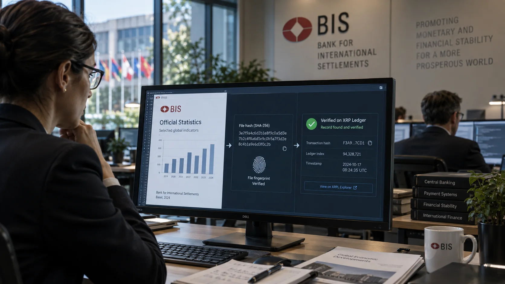 BIS analyst reviewing official statistics on a computer screen, with data verification recorded on the XRP Ledger using cryptographic hashes and ledger transaction details.