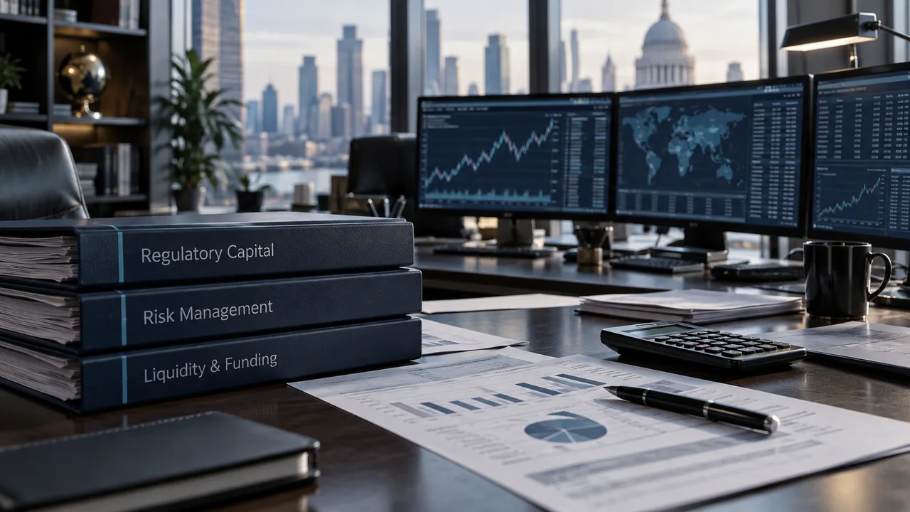 Bank risk-management professionals reviewing regulatory capital and liquidity reports.