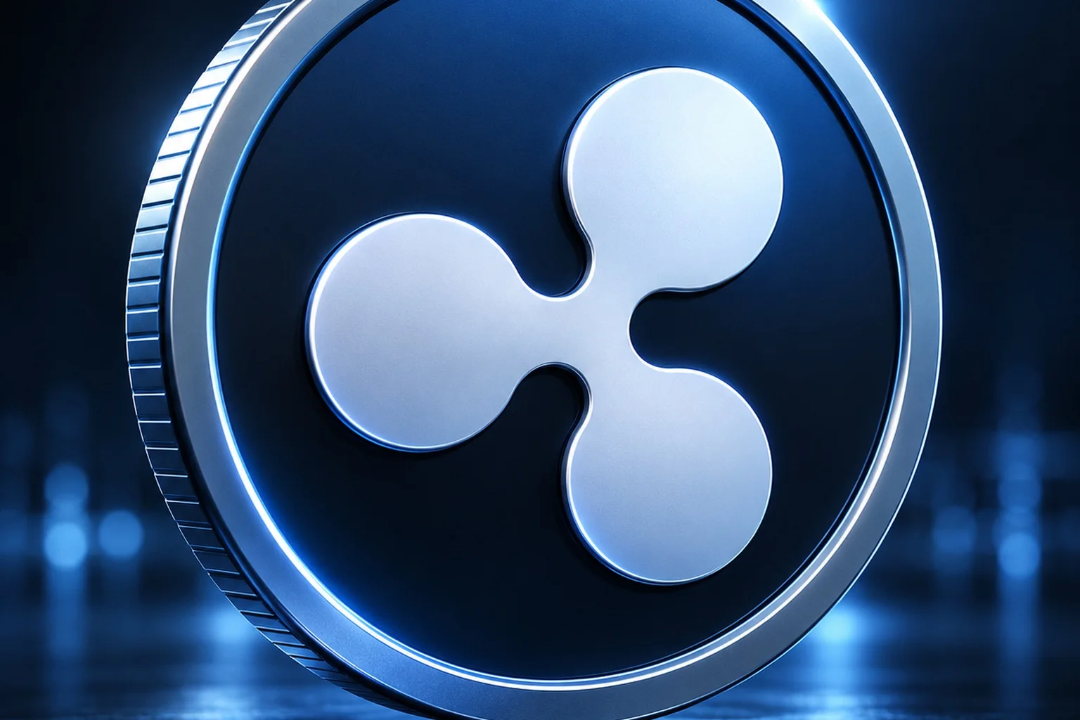 Close-up 3D illustration representing Ripple USD (RLUSD), featuring a silver Ripple-style symbol on a dark blue coin against a futuristic blue financial background.