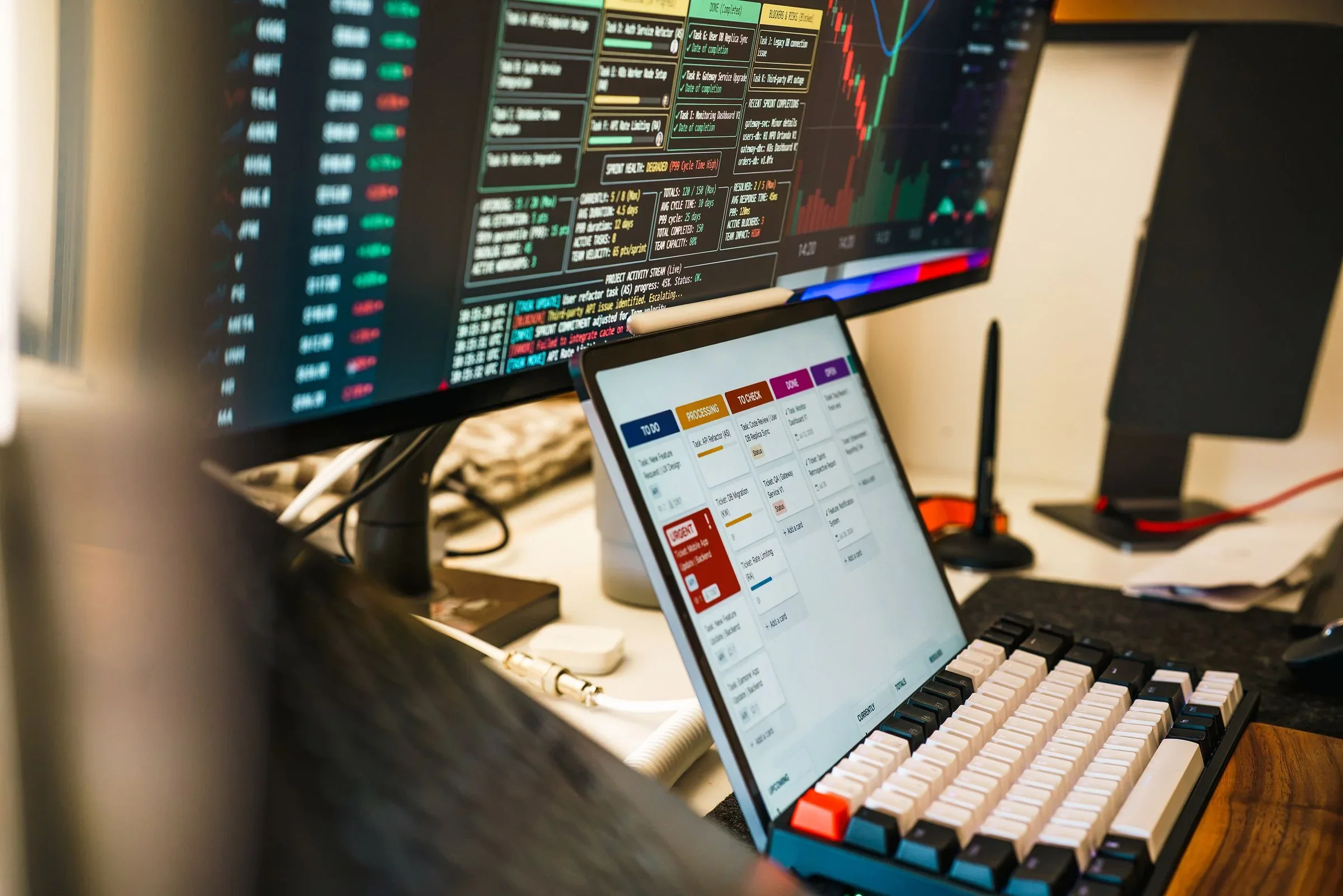 Professional trading workspace with multiple screens displaying market charts and financial data.